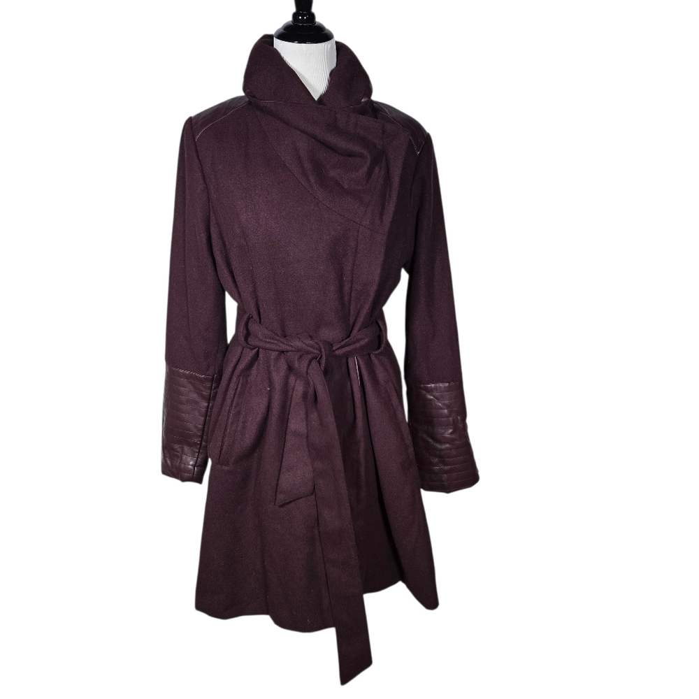 Bagatelle XL Burgundy Mid Length Faux Leather Trim Coat